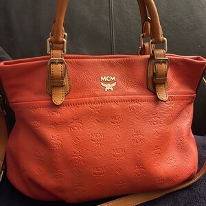 MCM Orange Embossed Leather Medium Two-way Bag W/ Detachable Strap EUC